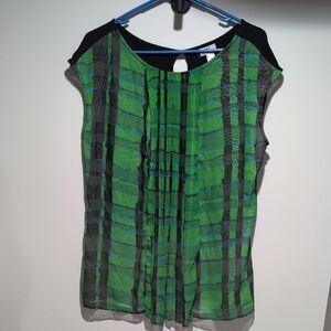 Green Plaid Cap-Sleeve Pleated Women’s Blouse